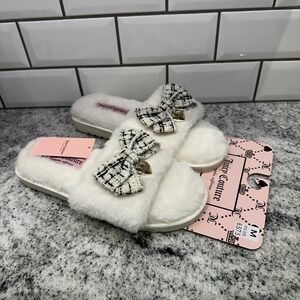 Juicy Conture Women's Slide Slipper Sandal with Faux Fur Medium‎ 6.5/7 Bow White